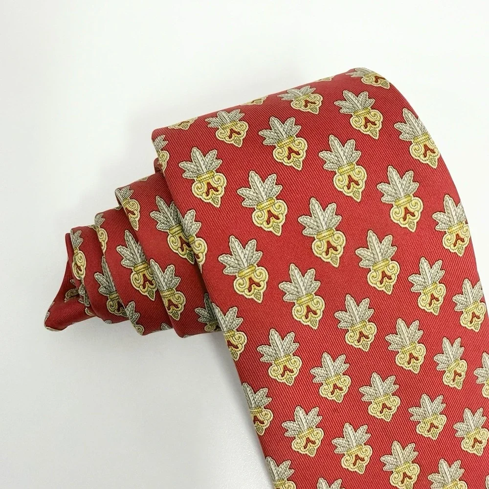 Hermes Men's Tie Floral Plant Vase Red/Green/Gold Silk 7399 PA 3.25